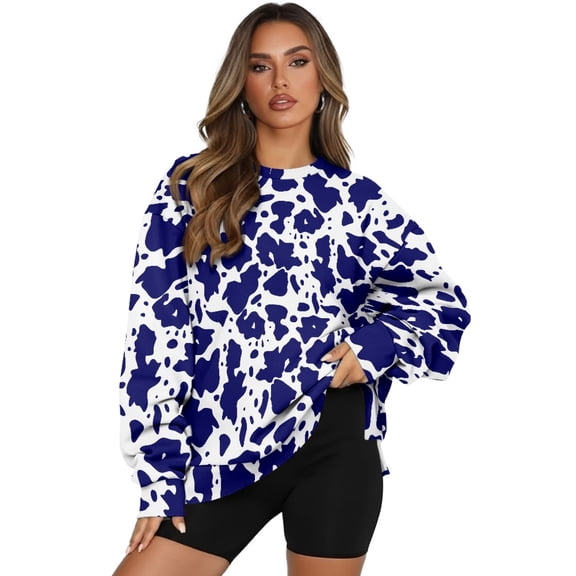SCRAWLGOD Cow Print Blue White Womens Casual Sweatshirts Long Sleeve Round Neck Sweatshirt Tops with Pocket Fashion Oversized Comfortable Clothing for Daily Wear, M