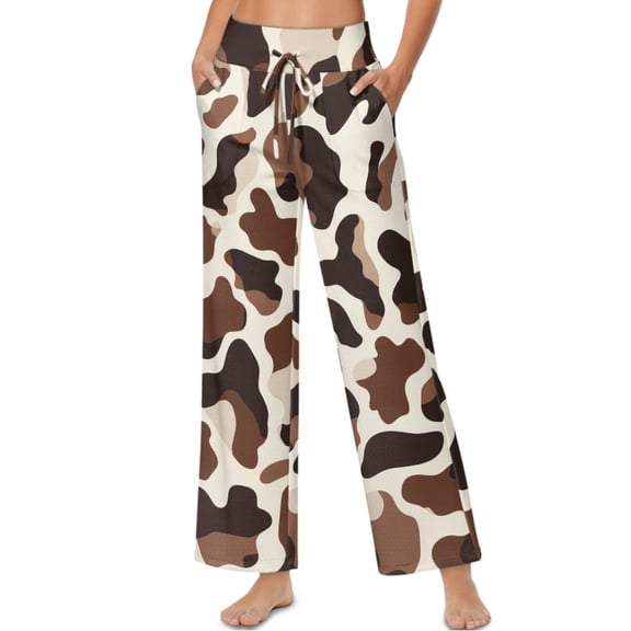 SCRAWLGOD Cow Print Brown Beige Womens Wide Leg Casual Pants Lace-Up High Waist Daily Trousers Fashion Comfortable Elastic Flowy Slacks with Side Pockets, S