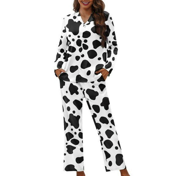 SCRAWLGOD Cow Print Button Pajamas for Women Set Long Sleeve Pj Woman Loungewear Size XS V-Neck Ladies Pjs Sets Breathable Womens 2 Piece Lounge Set Joggers