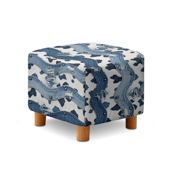SCRAWLGOD Cow Print Denim Pattern Blue White Ottoman Cover Square, Folding Storage Ottoman Slipcovers, Stretch Footrest Foot Stool Covers Protector with Elastic Bottom for Pets