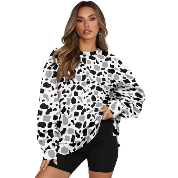 SCRAWLGOD Cow Print Gray Black White Women's Sweatshirt Casual Crew Neck Sweatshirts Cozy Loose Fit Long Sleeve Pullover Tops with Pockets Fall Winter Clothes, M