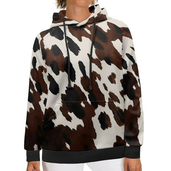 SCRAWLGOD Cow Print Hooded Pullover Sweater Women Fall Sweatshirts for Women Graphic Long Sleeve Hoddie Womens Trendy Stretchable Hoodie for Women with Pockets Size 2XS