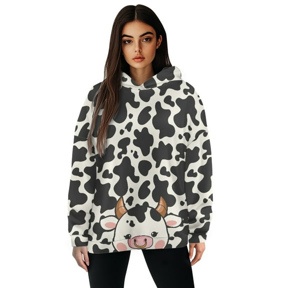SCRAWLGOD Cow Print Hoodies for Women Pullover Graphic Hoodie Women Trendy Clothes Lightweight Women Oversized Hoodies Long Sleeve Ladies Hooded Sweatshirts Size M for Skating