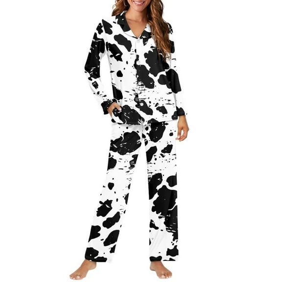 SCRAWLGOD Cow Print Pajamas Women Long Sleeve Button Down Pjs Women Fall Clothing V Neck 2 Pj Sets for Woman Lightweight Women's Soft Loungewear Size 2XL