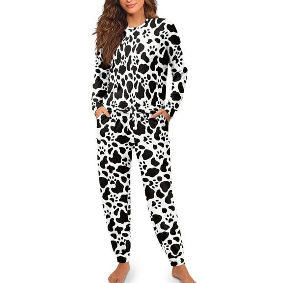SCRAWLGOD Cow Print Paw Black White Women's 2 Pieces Pajama Sets Lightweight Cozy Long-Sleeve Crewneck Top and Full-Length Wrinkle-Free Drawstring Bottom with Elastic Band, XXL