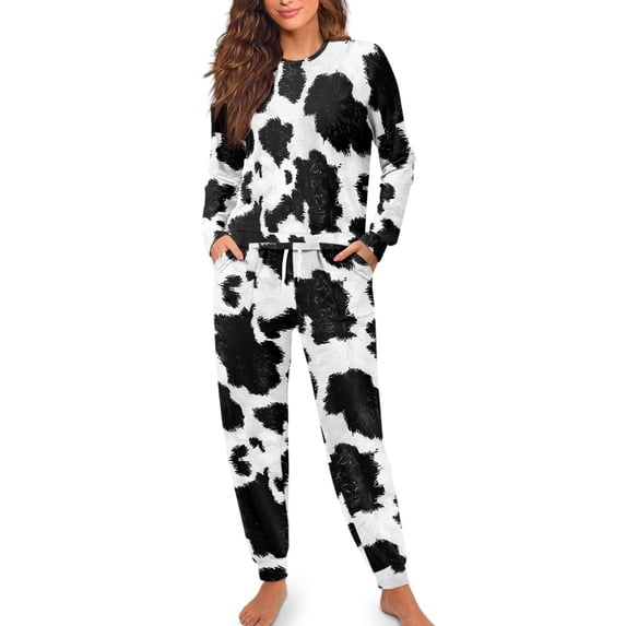 SCRAWLGOD Cow Print Pj Sets for Woman Long Sleeve Pjs Sets for Women with Pockets Size L Crewneck 2-Piece Outfits for Women Breathable Ladies Pajamas