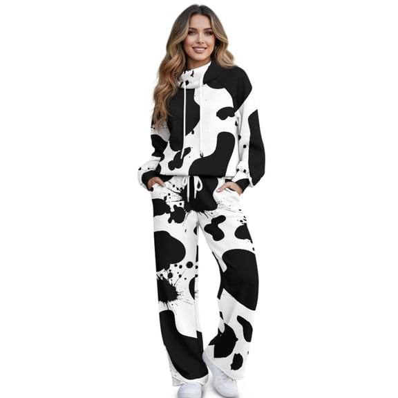 SCRAWLGOD Cow Print Splash Black White Women 2 Piece Lounge Sets Turtleneck Pullover Sweatsuit Fall Outfits Matching Wide Leg Sweatpants Set Casual Tracksuit Cozy Trendy Clothes, XS