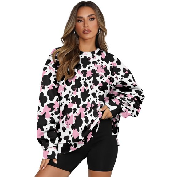 SCRAWLGOD Cow Print Splash Pink Black White Womens Oversized Sweatshirts Crewneck Long Sleeve Tops Polyester Cozy Pullover Fall Fashion Clothes with Pockets, L