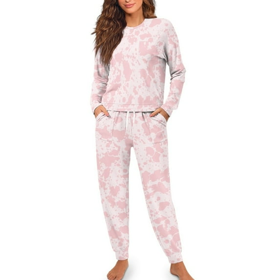 SCRAWLGOD Cow Print Splash Pink Women's Pajamas Set Drawstring 2 Piece Anti-Wrinkle Lounge Set Long Sleeve Pjs Cozy Sleepwear Full-Length Pants with Pockets & Elastic Band, M