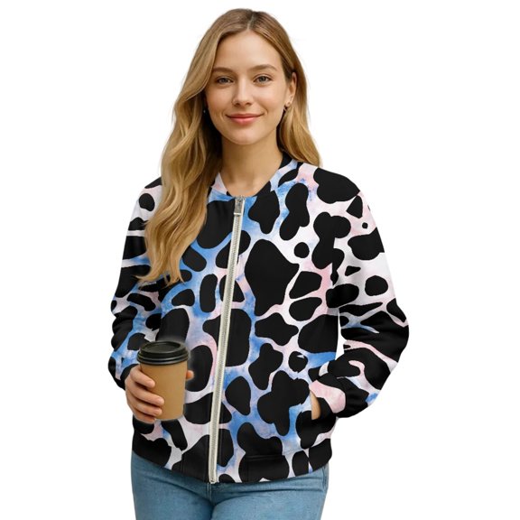 SCRAWLGOD Cow Print Tie-Dye Black Blue Pink Women's Crewneck Zip up Long Sleeve Jacket with Pockets Running Sweatshirts Jackets Hoodless Stylish Comfortable Lightweight Coat, XXL