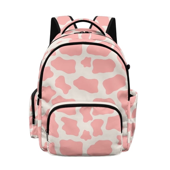 SCRAWLGOD Cow Print White Pink Kids Backpacks for Boys Girls, Bookbag with Multi Pockets for Preschool Elementary Middle School, Lightweight 17 Inch Backpacks