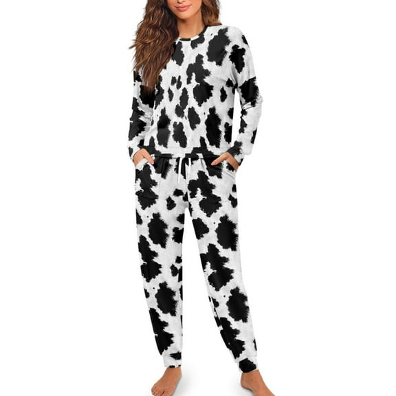 SCRAWLGOD Cow Print Women Pajamas Sets Long Sleeve Pjs for Women Lounge Travel Set Crewneck Women Jogger Sets Outfits 2 Piece Soft Pj with Pockets Size XL
