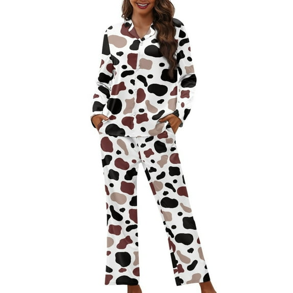 SCRAWLGOD Cow Print Women's Pjs Long Sleeve Button Pajamas for Women 2 Piece Lounge V-Neck Womens Pajama Set Fall Lightweight Woman Sleepwear Size 2XL