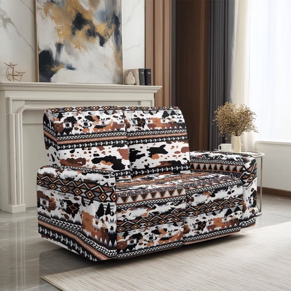 SCRAWLGOD Cow Southwest Aztec Print Lazy Boy Reclining Slipcover Stretch Anti Slip Couch Slipcover Anti Scratch 2 Seater Recliner Cover with Pocket