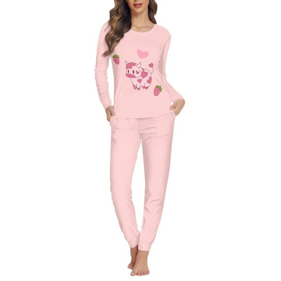 SCRAWLGOD Cow Strawberry Long Sleeve Pajamas for Women 2 Piece Outfits Sets Casual Size XS Comfortable Pajamas Set with Pockets Loungewear Sets Woman Travel