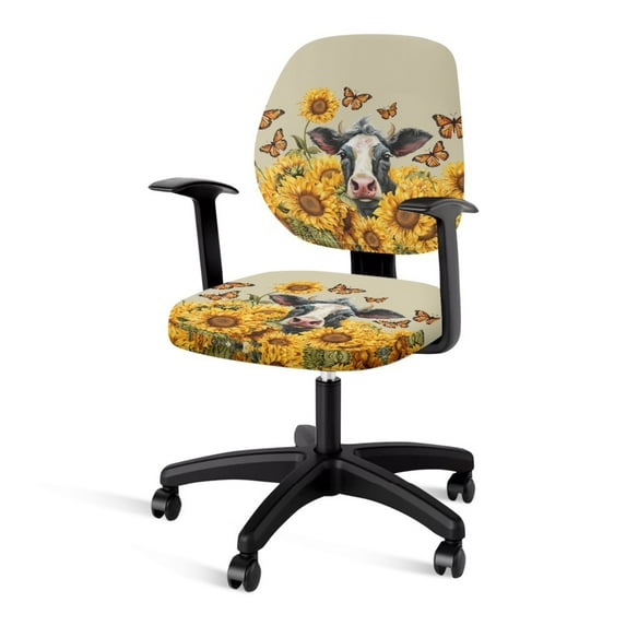 SCRAWLGOD Cow Sunflowers Butterfly 2 Pieces Comfy Office Chair Slipcover Breathable Split Computer Chair Slipcovers Easy to Remove Washable Boss Chair Covers for Home Decor