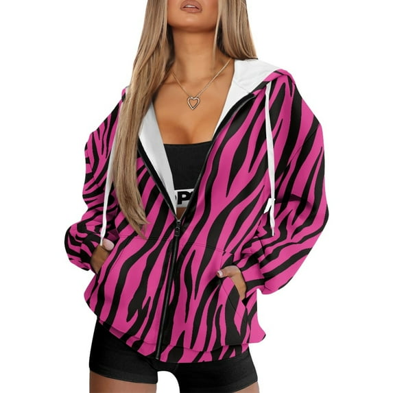 SCRAWLGOD Crimson Zebra Print Loose Fit Full Zip Up Hoodies for Women Drawstring Pockets Clothing Casual Fashion Outfits Hooded Elastic Sweater for Exercise Yoga, XL