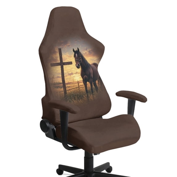 SCRAWLGOD Cross Horse Print Brown 4 Pcs Gaming Chair Covers Slipcovers with Armrest Covers Breathable Computer Chair Cover Stretchy Gamer Chair Cover Cat Scratch Proof