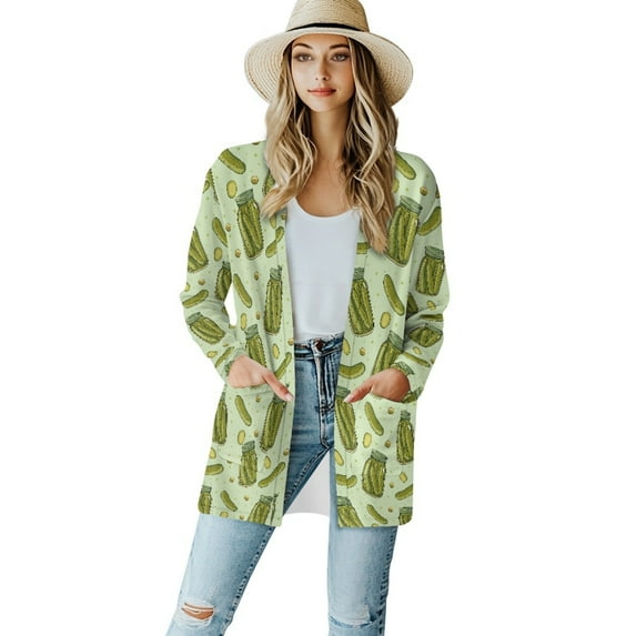 SCRAWLGOD Cucumber Cardigan Sweaters for Women Trendy Outfits for Women Fall Tops Breathable Ladies Cardigan Sweatshirts Size S Long Sleeve Women Cardigan Coat for Clubs