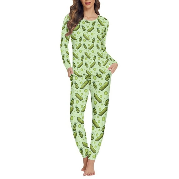 SCRAWLGOD Cucumber Pajama Sets for Women 2 Piece Long Sleeve Pjs for Women Set Fall Size XS Crewneck Pajamas Women Soft Crewneck Pajamas Set for Women Travel