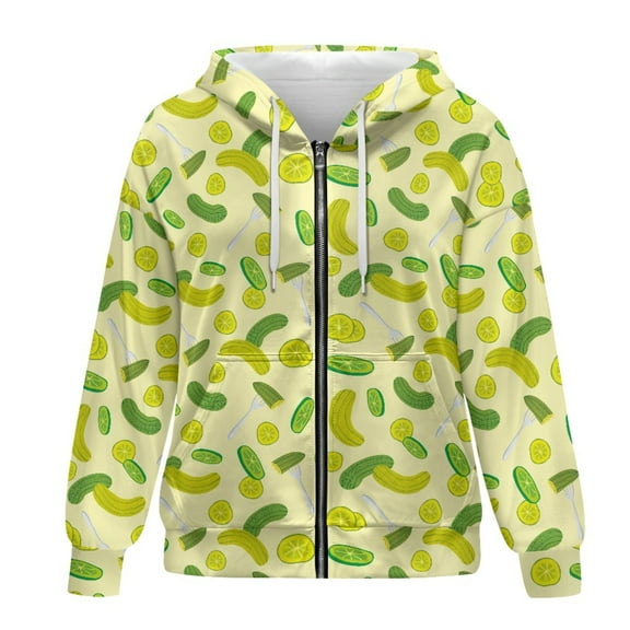 SCRAWLGOD Cucumbers Women Zip Up Hoodies Women Graphic Sweatshirts for Women Casual Long Sleeve Oversized Sweaters Size L Elastic Women Clothes Trendy