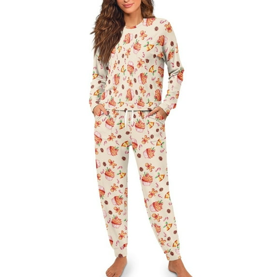 SCRAWLGOD Cupcake Pajamas for Women Long Sleeve and Pants Pajama Set with Pockets Size M Crewneck 2 Set Pjs for Women Breathable Loungewear Pj Sets Woman