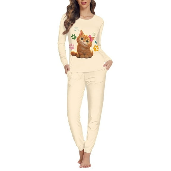 SCRAWLGOD Cute Cat Women's Long Sleeve 2 Piece Pajama Sets Women Fall Clothes Size XL Crewneck Jogger Pjs for Women Set Stretchy Women Lounge Set Soft
