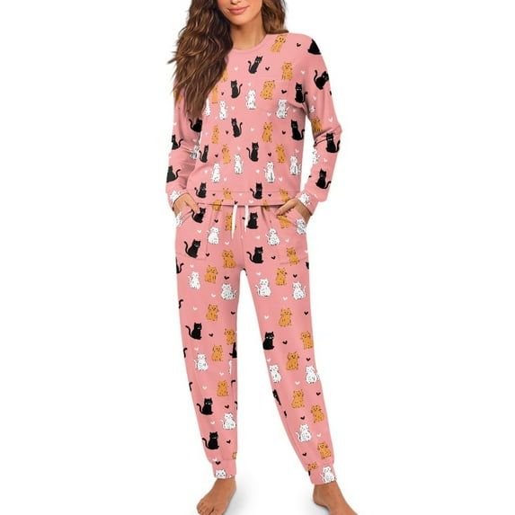 SCRAWLGOD Cute Cat Womens Pajama Sets Long Sleeve Pajamas for Women 2 Piece Lounge Drawstring Ladies Pj with Pockets Size M Breathable Woman Nightwear