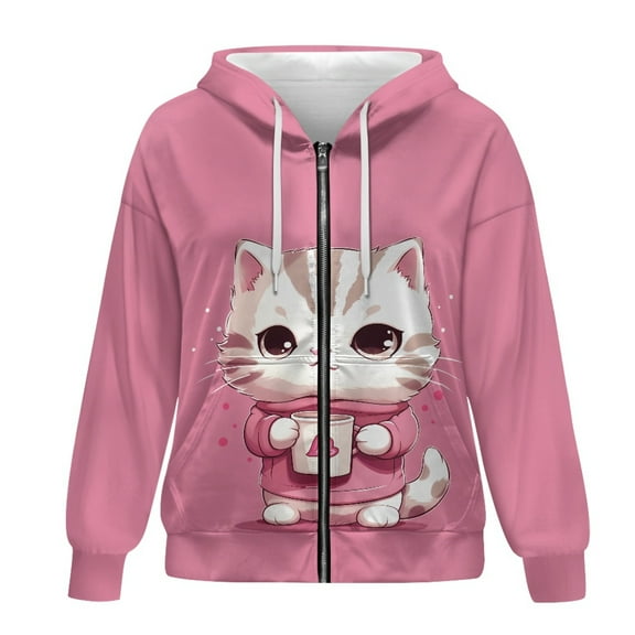 SCRAWLGOD Cute Cat Zipper Hoodies for Women Oversized Graphic Sweatshirts for Women Long Sleeve Hooded Sweater Women Size 2XL Breathable Ladies Hoodies Zip Front for School