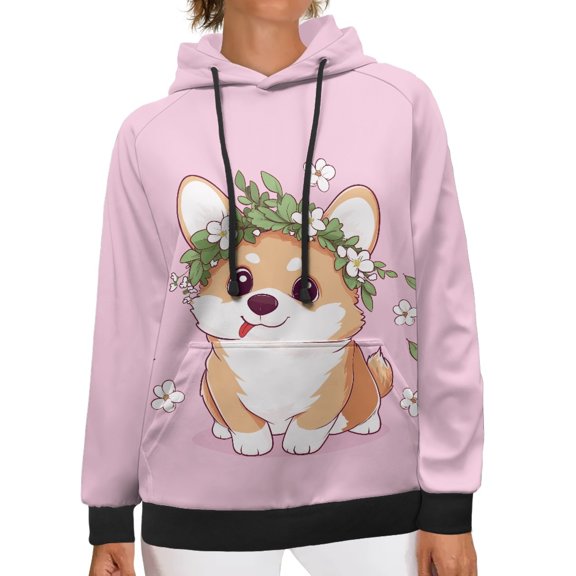 SCRAWLGOD Cute Corgi Hoodie for Women Pullover Graphic Sweatshirts for Women Trendy Drawstring Long Sleeve Tops for Women Size S Park Lightweight Hooded Blouses Women