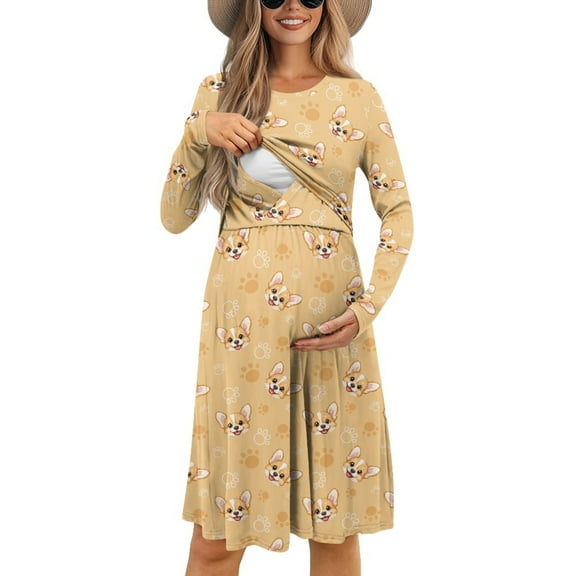 SCRAWLGOD Cute Corgi Pregnant Dress for Women Maternity Dresses for Baby Shower Long Sleeve Nursing Dresses Breastfeeding Fall Size L Breathable Knee Length Dress for Women Clothes