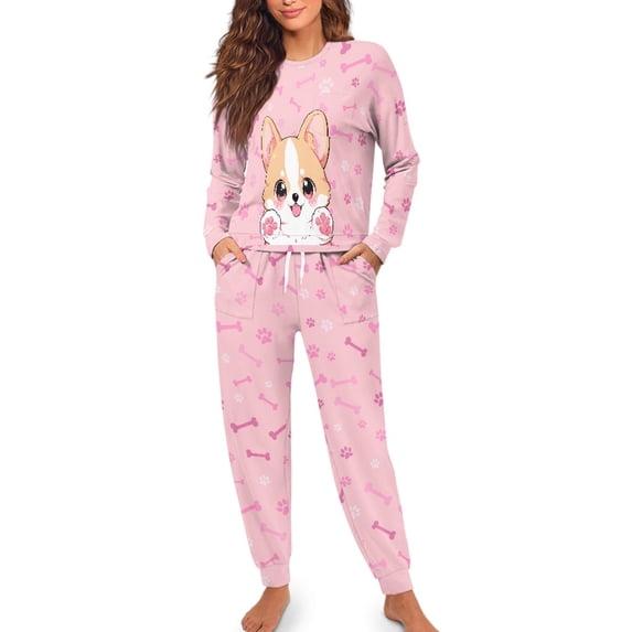 SCRAWLGOD Cute Corgi Womens Pajama Lounge Sets for Women 2 Piece Outfits Sets Casual Size S Drawstring Women Lounge Lightweight Women Sleepwear