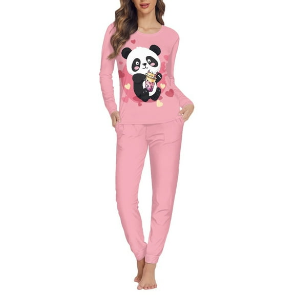 SCRAWLGOD Cute Panda Long Sleeve Pj Sets for Women Lounge Sets 2 Piece Outfits Crewneck Nightwear for Women Pajama Set Size XL Elastic Ladies Jogger Pjs Set