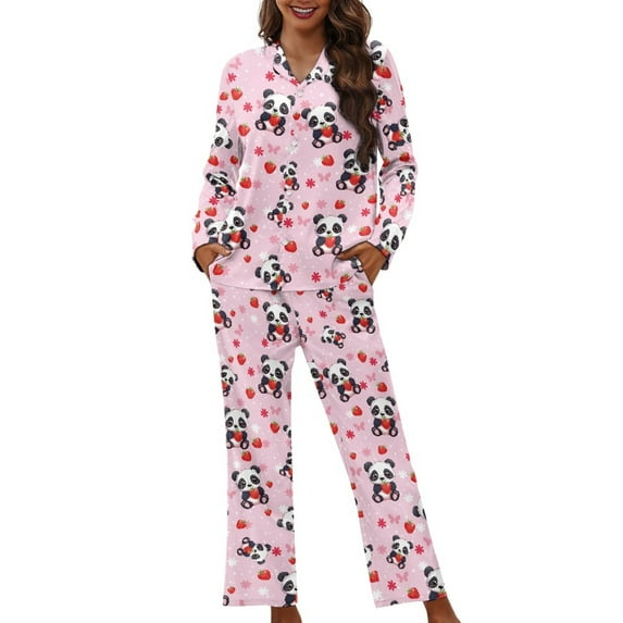 SCRAWLGOD Cute Panda Women Pajamas Long Sleeve 2 Piece Button Down Pj for Women Fall Size XS V Neck Ladies Jogger Pjs Set Lightweight Womens Pajama Lounge
