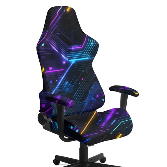 SCRAWLGOD Cyberpunk Lines Print Black Gaming Chair Cover with Armrest Cover, Stretchable Protective for Computer Chair Anti-Dust High Back Chair Slipcover with Elastic Bottom