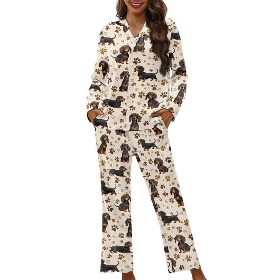 SCRAWLGOD Dachshund Button Pajamas for Women Set Long Sleeve Sleepwear Set of 2 Size M V-Neck Graphic Pajama Sets for Women Comfy Ladies Jogger Pjs