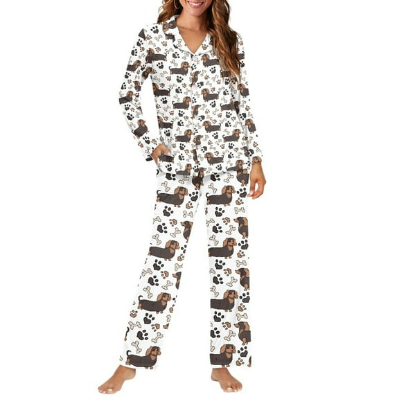 SCRAWLGOD Dachshund Button Up Pajamas for Women Long Sleeve 2 Piece Sets for Women V-Neck Womens Fall Pjs Set Lightweight Women Sleepwear Soft Size L