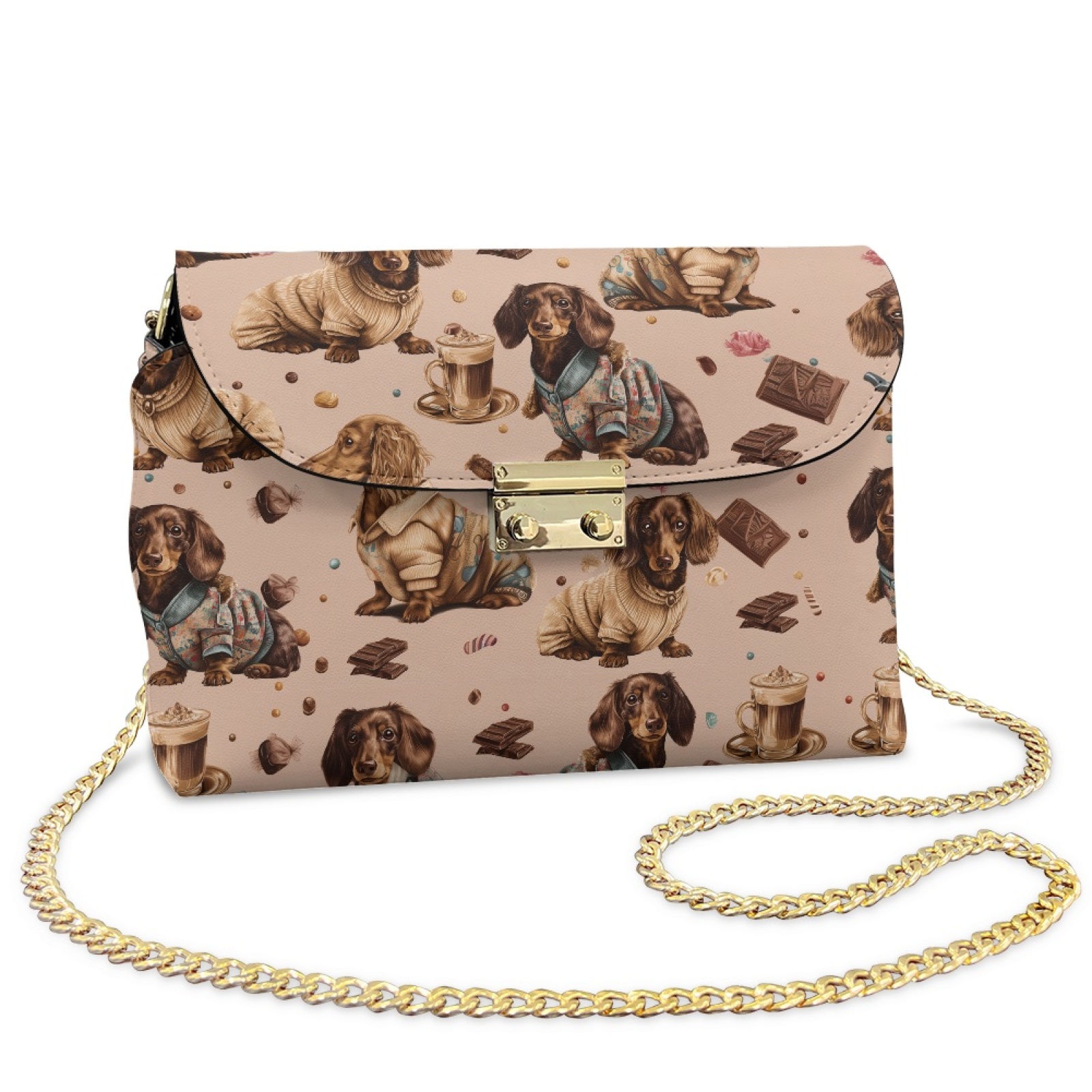 SCRAWLGOD Dachshund Chocolate Print Light Brown Crossbody Bags for Women, PU Leather Cell Phone Purse, Cross Body Handbags Shoulder Bag with Detachable Strap