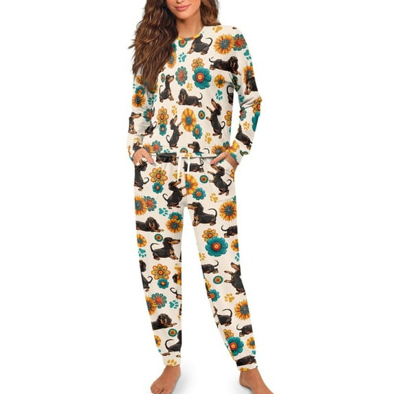 SCRAWLGOD Dachshund Floral Paws Beige Women's Sleepwear Sets, Soft Casual Lounge Set with Pockets & Elastic Band, 2Pcs Lightweight Comfortable Long Sleeve Tops Jogger Pants, XXL
