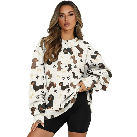SCRAWLGOD Dachshund Paw Heart Bone Beige Fashion Sweatshirt for Women Long Sleeve Tops with Pockets Crewneck Comfy Fall Winter Clothes Drop Shoulder Oversized Pullovers, XXL