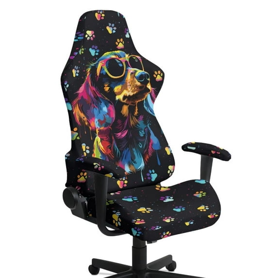 SCRAWLGOD Dachshund Paw Print Black Gaming Chair Cover with Armrest Cover, Anti-Dust Gaming Chair Cover Removable Computer Chair Slipcovers with Elastic Bottom Furniture Protection