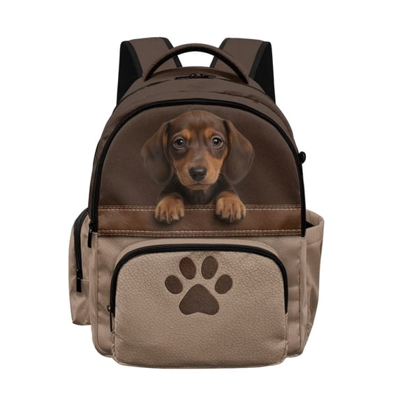 SCRAWLGOD Dachshund Print Brown School Backpack with Adjustable Padded Strap, 17 Inch 600D Polyester Backpack, Lightweight Multi-Pocket Daypack