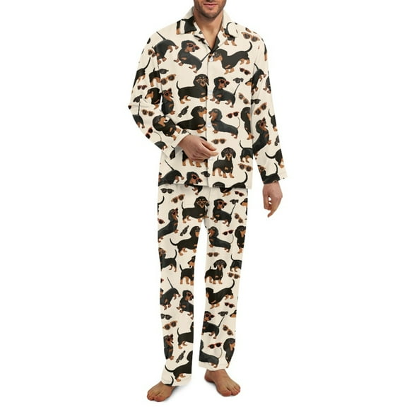 SCRAWLGOD Dachshund Sunglasses Beige Mens Pajama Set, Soft Notch Collar Long Sleeve Sleepwear with Pockets, Cozy Button-Down Pjs for Men with Elastic Band, Set of 2, 3XL