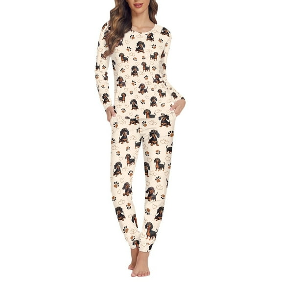 SCRAWLGOD Dachshund Women's Pajamas Long Sleeve Sleepwear Sets for Women Loungewear Set Crewneck Pajamas Set for Women Size S Elastic Ladies 2 Piece Pajamas