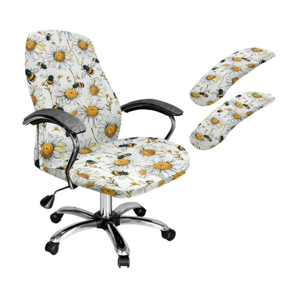 SCRAWLGOD Daisy Bee White 3 Pieces Removable Office Chair Cover with Arm Slipcovers Stretch Non-Slip Desk Chair Seat Protector Crease Resistant Boss Chair Covers, S