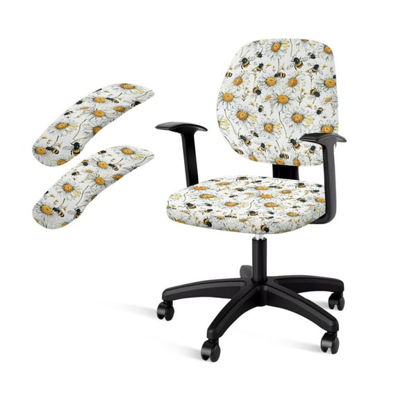 SCRAWLGOD Daisy Bee White 4 Pieces Stretchable Office Chair Slipcover with Arm Rest Covers Comfy High Back Chair Protector Easy to Remove Desk Chair Seat Cover