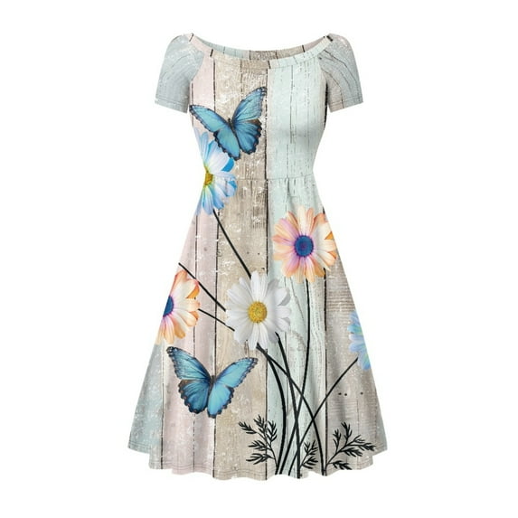SCRAWLGOD Daisy Butterfly Dress for Women Summer Midi Dresses for Women Casual Short Sleeve Elastic High Waist Dress Crewneck Ladies Summer Dresses Size XS for Picnic
