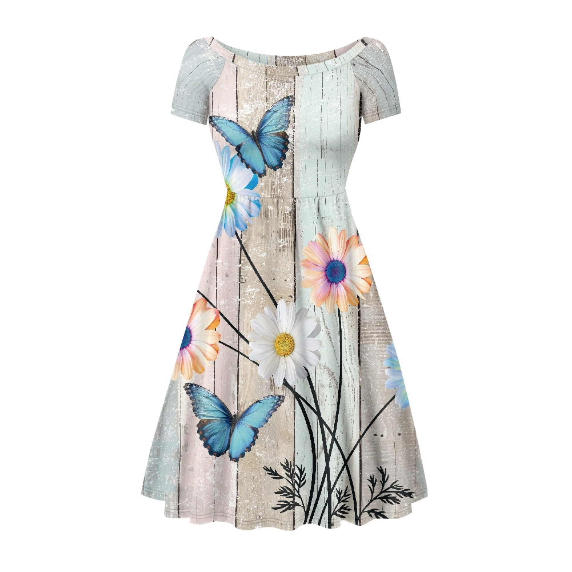 Scrawlgod Daisy Butterfly Dress for Women Summer Midi Dresses for Women Casual Short Sleeve Elastic High Waist Dress Crewneck Ladies Summer Dresses Scrawlgod Daisy Butterfly Dress for Women Summer Midi Dresses for Women Casual Short Sleeve Elastic High Waist Dress Crewneck Ladies Summer Dresses