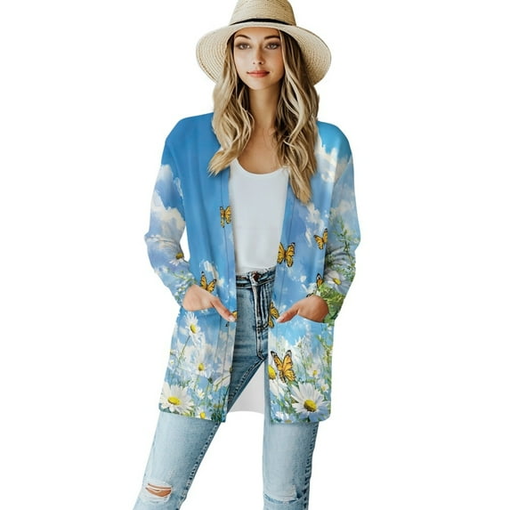 SCRAWLGOD Daisy Butterfly Dressy Cardigans for Women Trendy Fall with Pockets Size L Long Sleeve Womens Sweater Jackets Casual Washable Womens Cardigan Sweaters Dressy