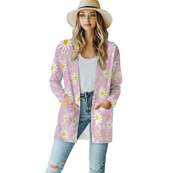 SCRAWLGOD Daisy Cardigan Jacket for Women Lightweight Sweaters for Women Open Front Long Sleeve Women's Cardigans with Pockets Stretchy Sweatshirt Cardigan Women Party Size S